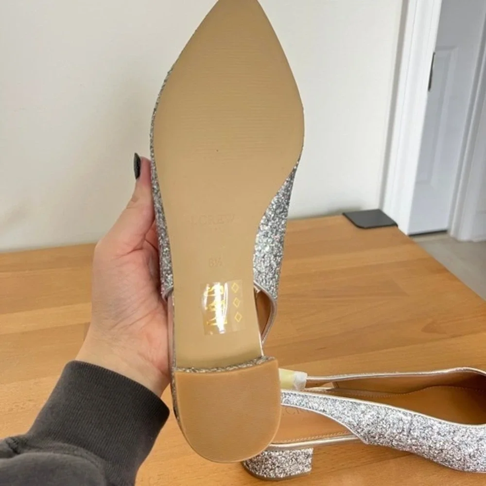 J. Crew Silver Glitter Multicolor Sling Back Pointed Party Toe Heels‎ Shoes